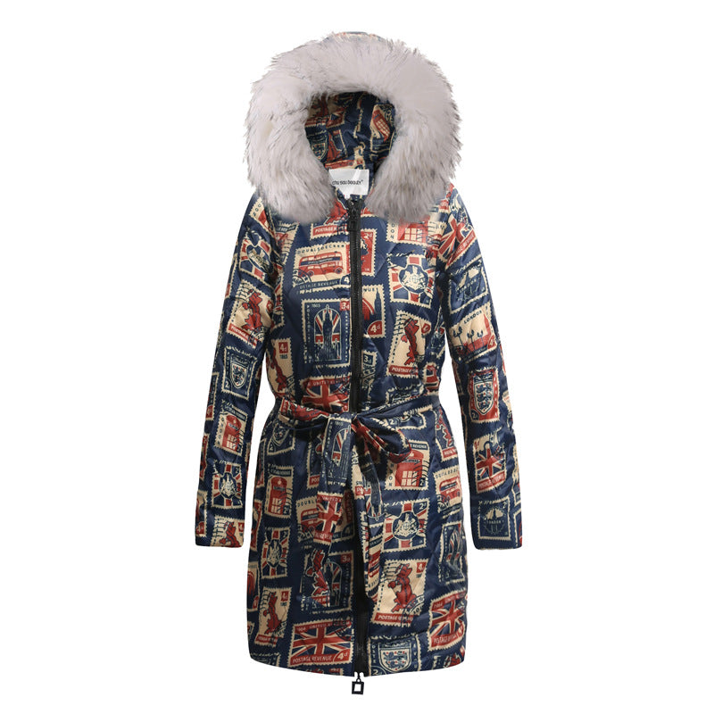 Long Plus Size Printing Retro Hooded Padded Jacket