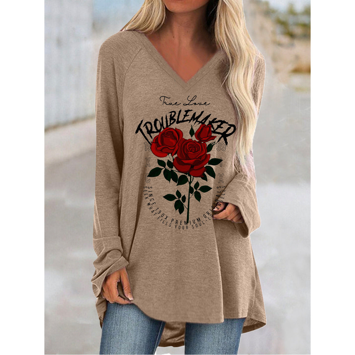 Printed Casual Large Size V-neck Loose Long-sleeved Pullover T-shirt Mid-Length