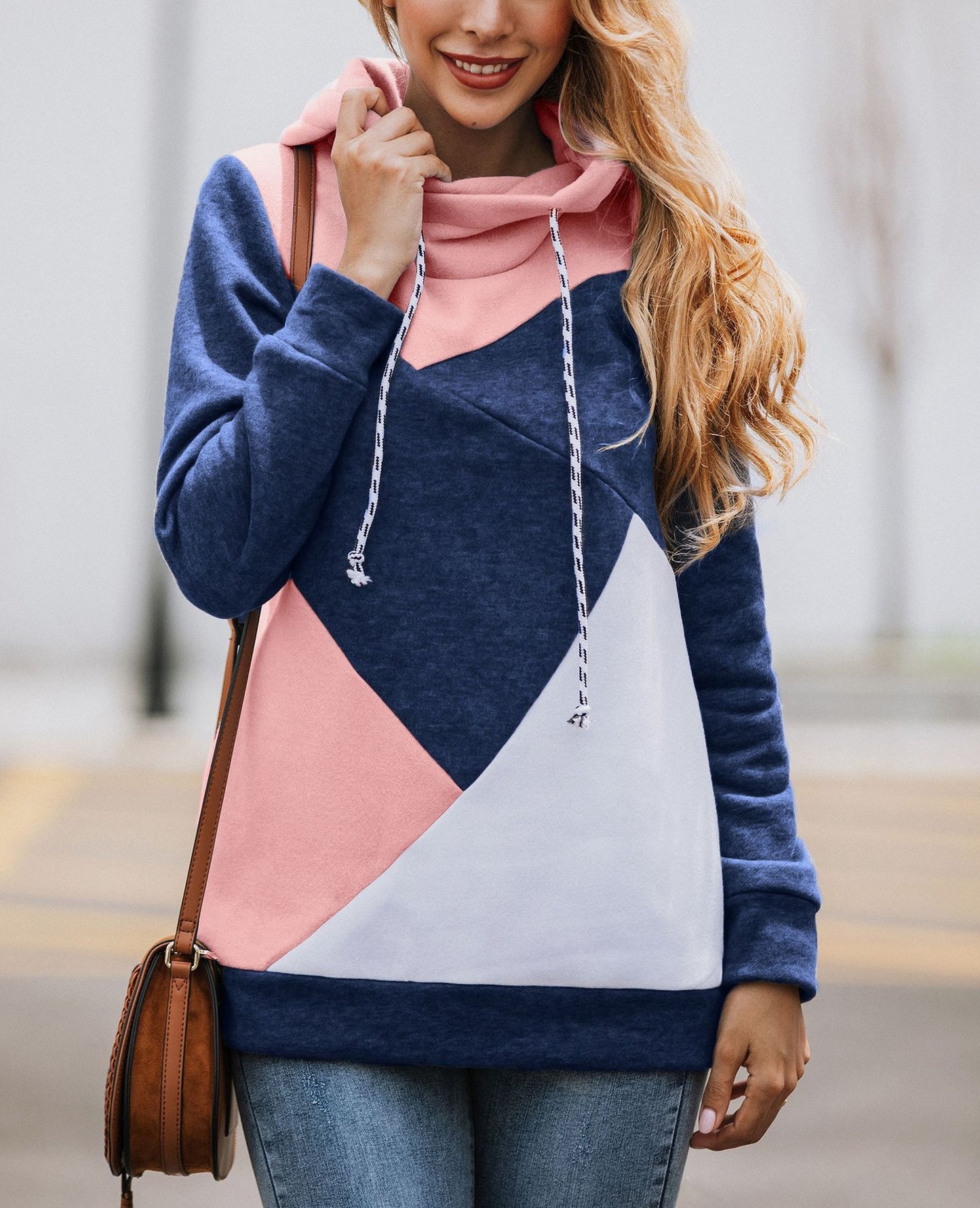 Fashion stitching rope hooded long-sleeved blouse