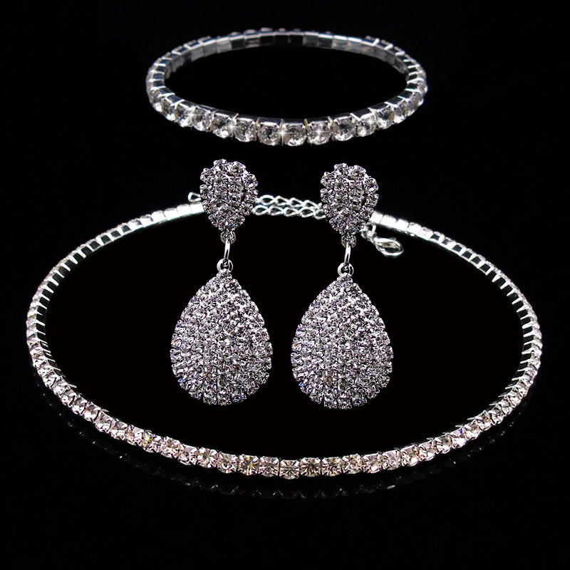 Full Rhinestone Multilayer Necklace Bracelet Drop Earring Set
