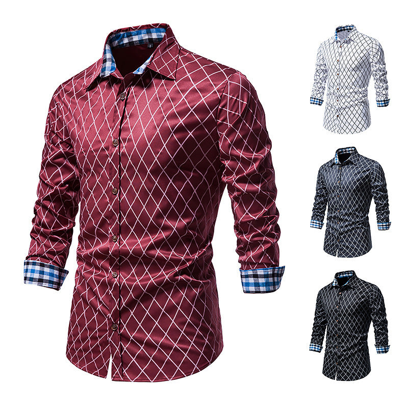 New Fashion Contrast Color Men's Long-sleeved Diamond Check Button Shirt