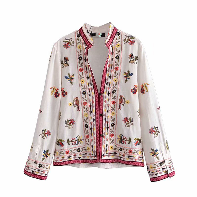 Stand-up Collar Embroidery Ethnic Casual Shirt