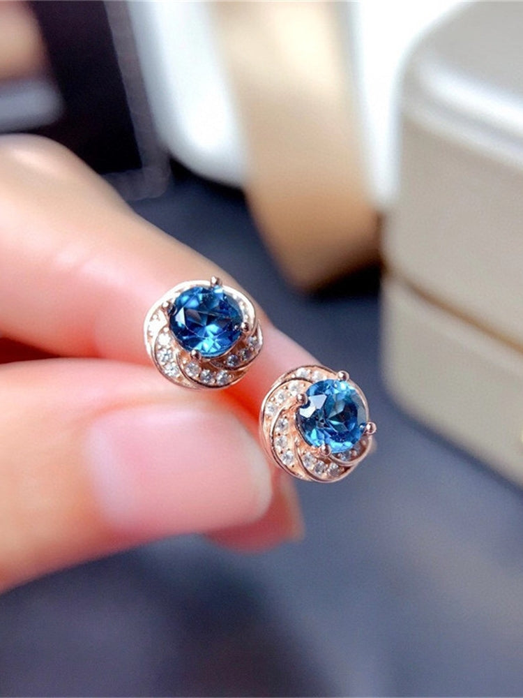 New Sapphire Natural London Blue Topaz Flower Stud Earrings