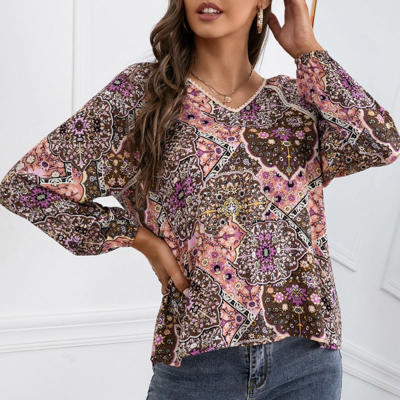 Loose Casual Lace V-neck Long-sleeved Printed Shirt