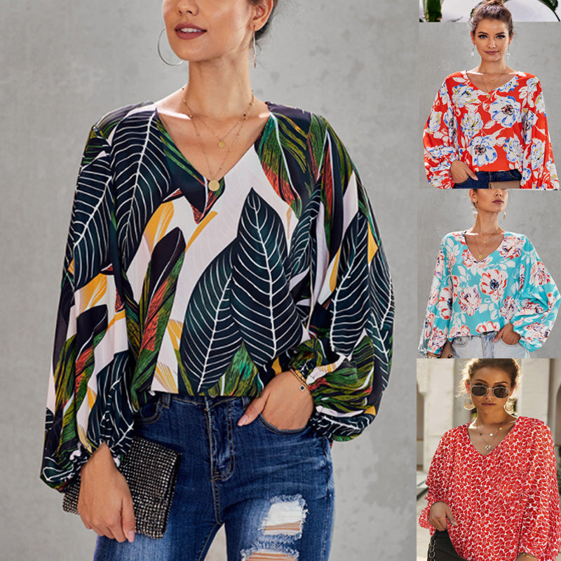 Printed loose v-neck lantern sleeve top