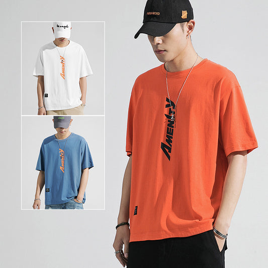 Solid Color A Loose T-Shirt With A Round Neck Print