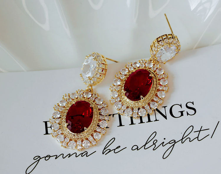 French Classic Princess Wedding Red Diamond Vintage Earrings