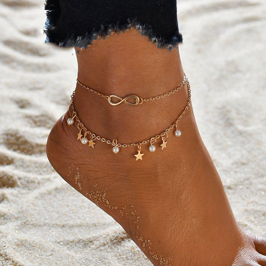 Five-pointed star pearl 8 word anklet