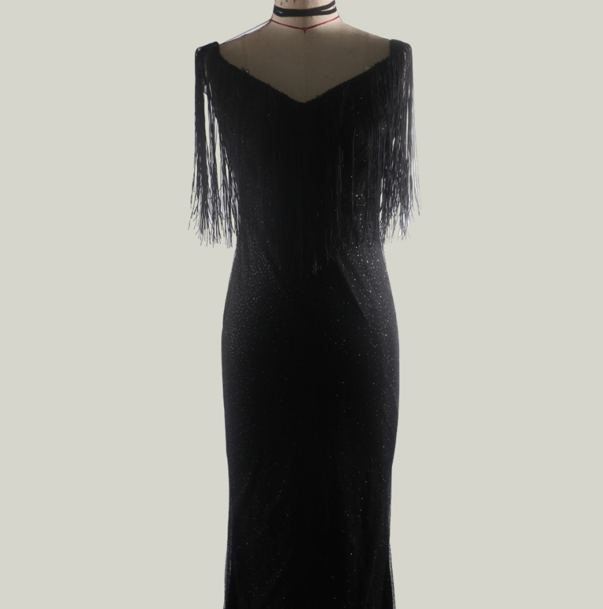 Explosion models sexy black sequins V-neck sleeveless slim dress long skirt
