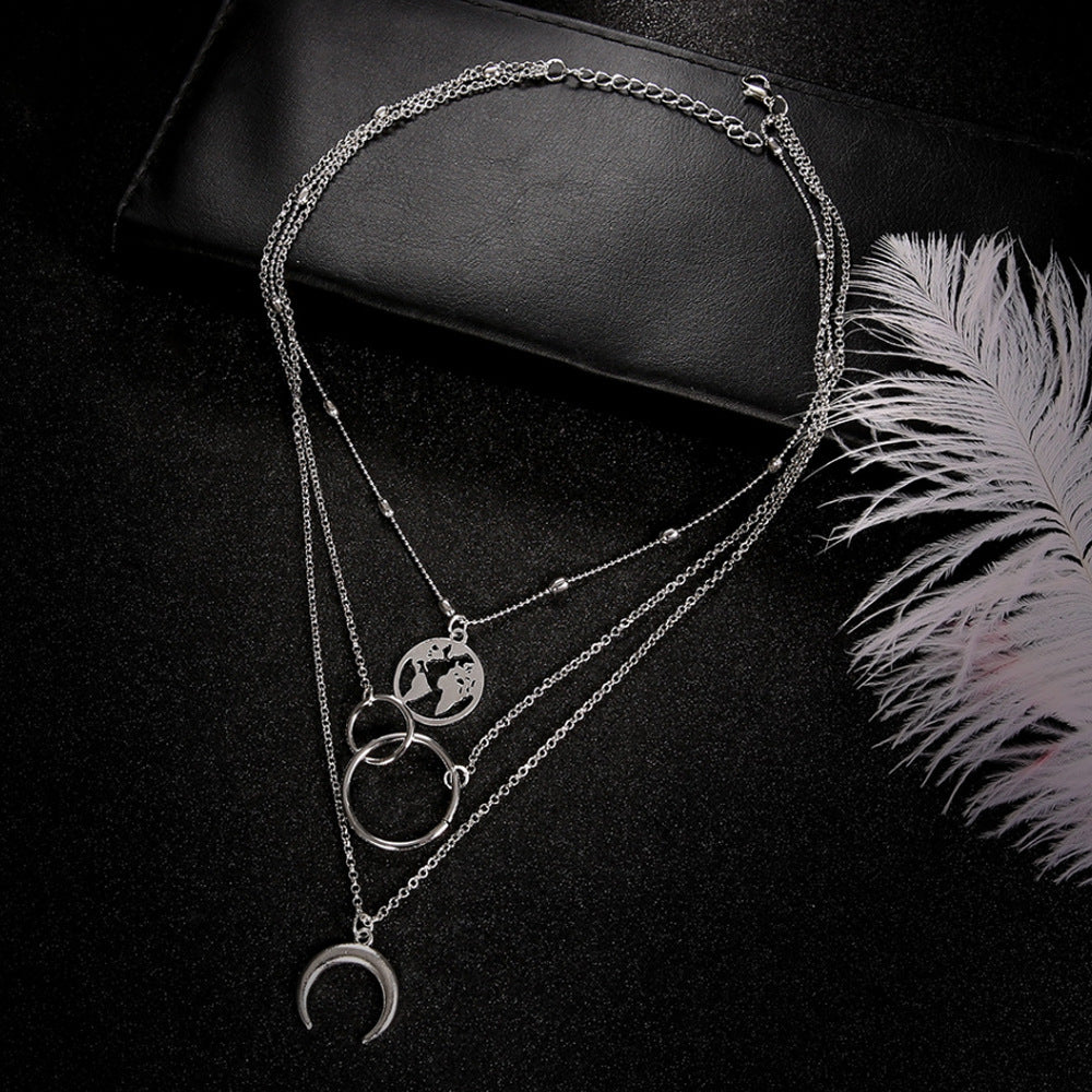 Ladies Fashion Multilayer Moon Map Necklace