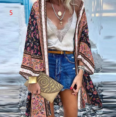 Casual Resort Doll Sleeve Cardigan Print Top Cardigan