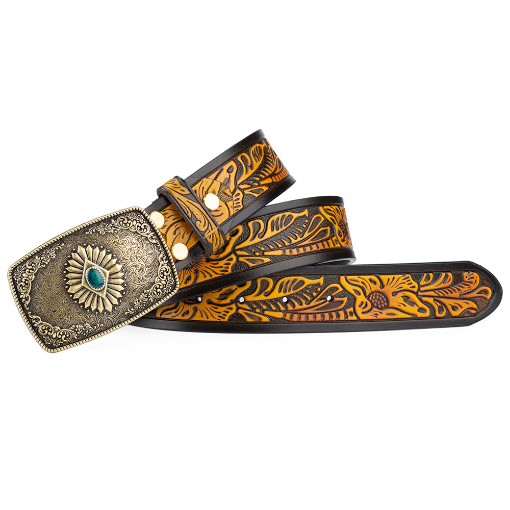 Bronze Pattern Buttoned Tang Grass Embossed Leather Belt