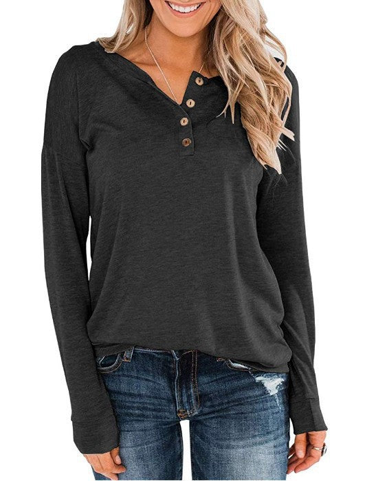 Solid Color Knitted Long Sleeved Round Neck Pullover Button Top T Shirt