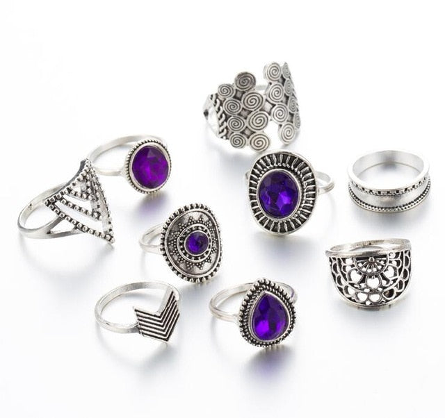 Vintage Fan-Shaped Drop Diamonds And Purple Gems Triangle Set Of 9 Rings