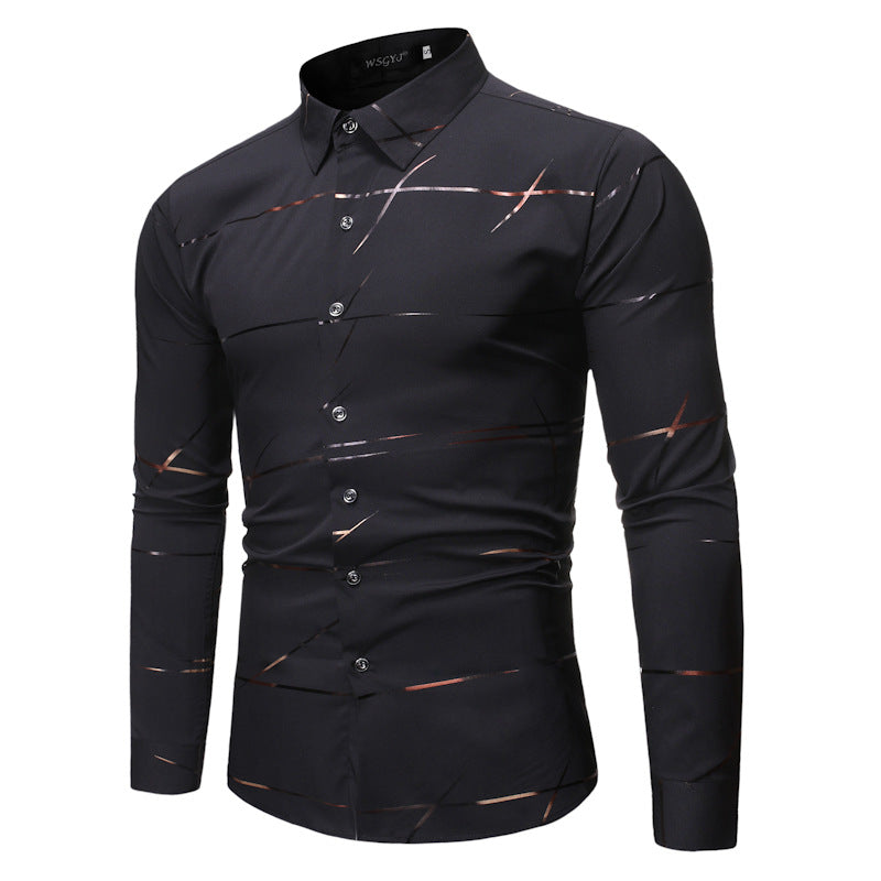 Fashion Henry Collar Design Shirt Line Bronzing Printing Long-sleeved Shirt For Men