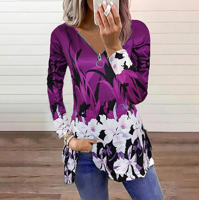 Zipper Pull Print Long-sleeved Loose T-shirt Women's Top