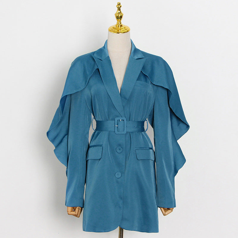 Irregular Ruffled Solid Color Jacket With Receiving Waist Belt