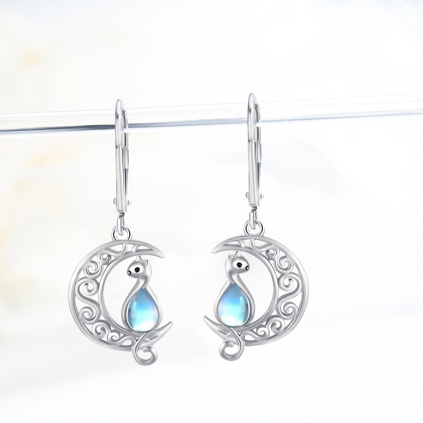 Moon Cat Earrings for Women Hypoallergenic 925 Sterling Silver Crescent Cat Drop Dangle Earrings Moon Cat Hook Earrings for Mom