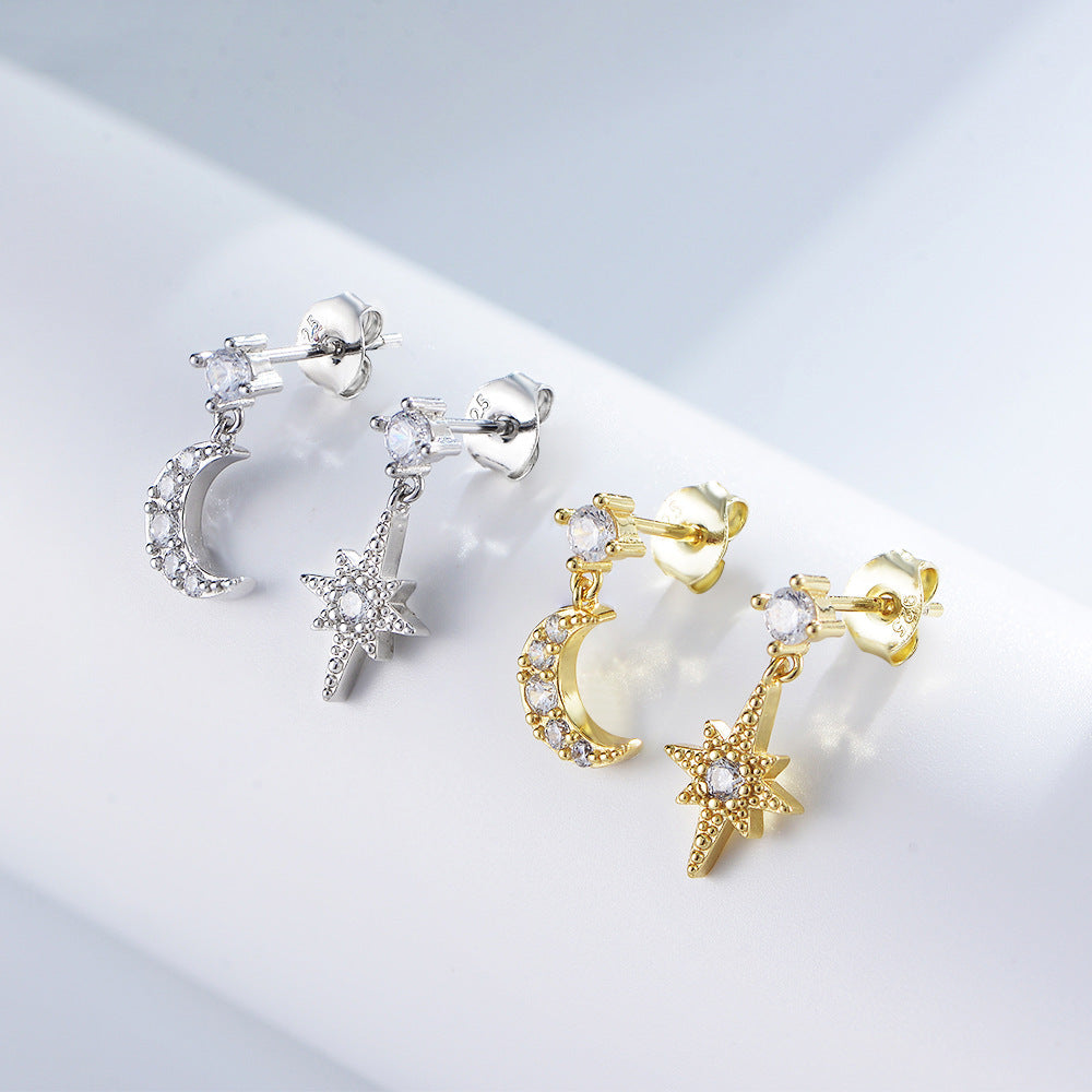 Asymmetrical Eight-pointed Star Moon Earrings Personality Zircon