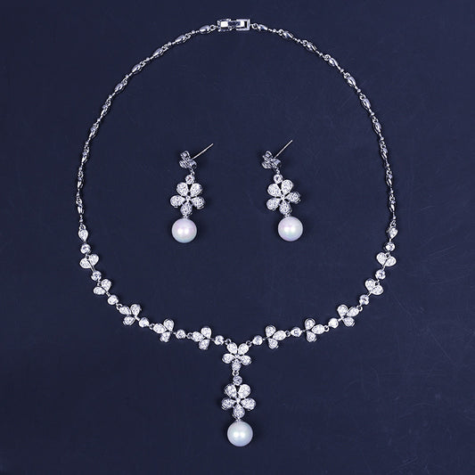 Pearl Zircon Earrings Two-piece Suit Bridal Wedding Dress Necklace