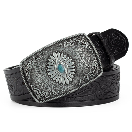 Bronze Pattern Buttoned Tang Grass Embossed Leather Belt