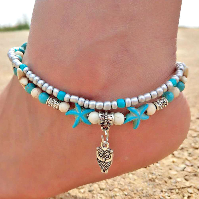 Conch starfish pendant rice bead anklet