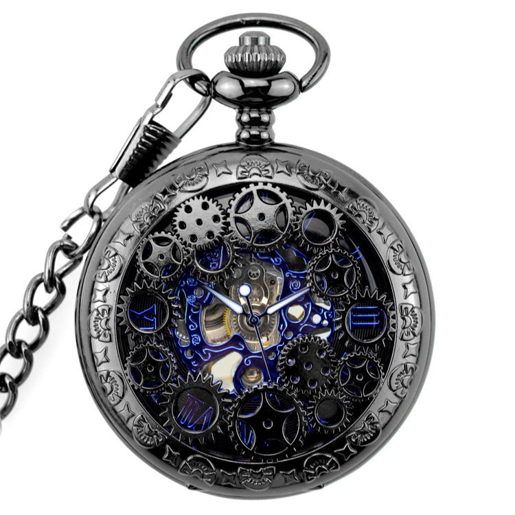 Gear Gun Black Mechanical Pocket Watch Vintage Flip Denim Chain Hollow Pocket Watch Men's And Ladies' Watches