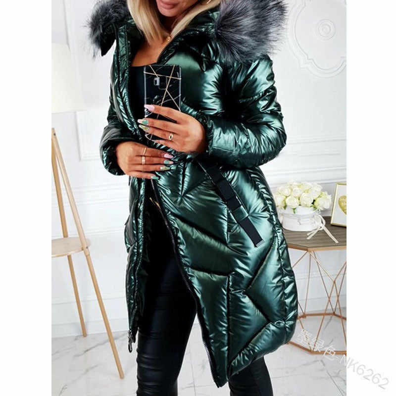 Glossy PU Big Fur Collar Slim Mid-length Long-sleeved Zipper Fashion Warm Cotton Jacket Women