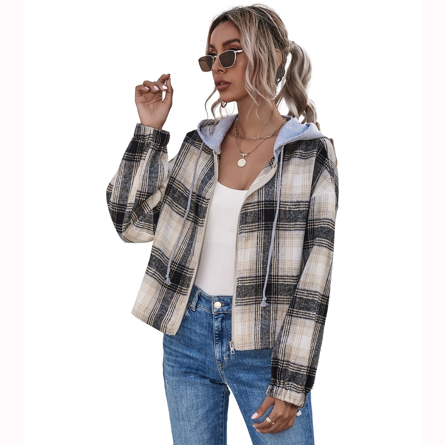 Women's European And American INS Fashion Loose Plaid Hooded Jacket Fall Winter