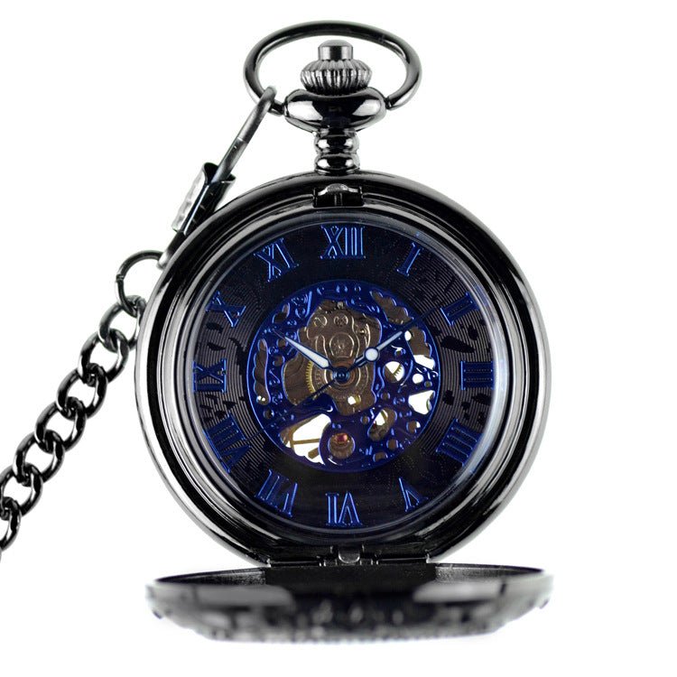 Retro Flip New Roman Blue Surface Mechanical Pocket Watch