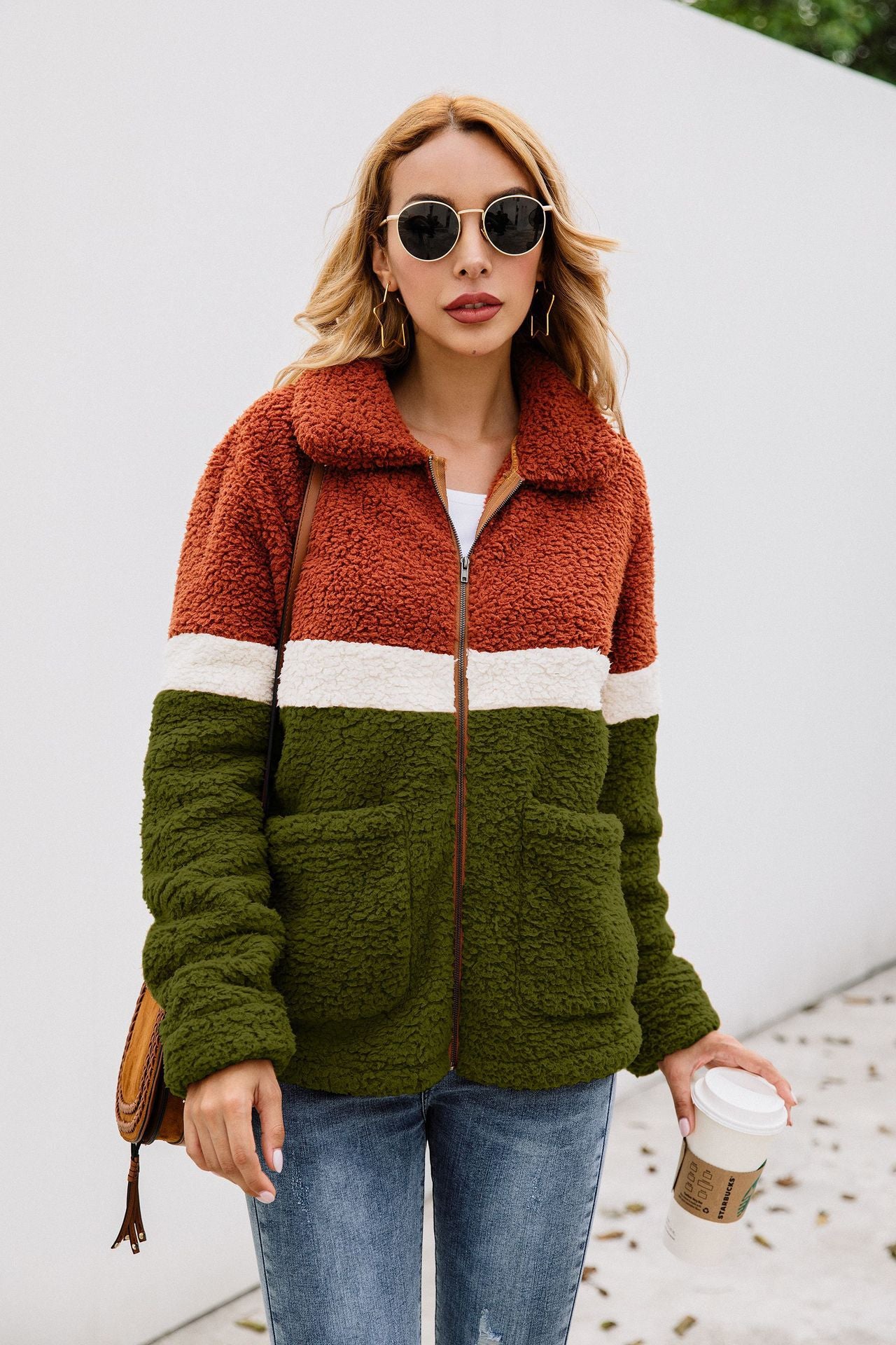 Color Block Plush Jacket Fashion Zipper Stitching Pockets