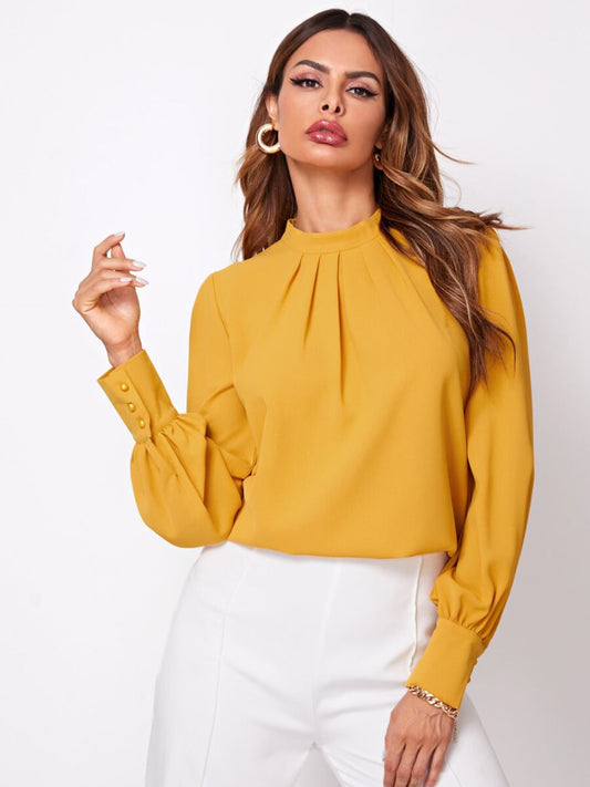 New Style Sleeve Chest Pleated Stand Collar Lady Chiffon Shirt