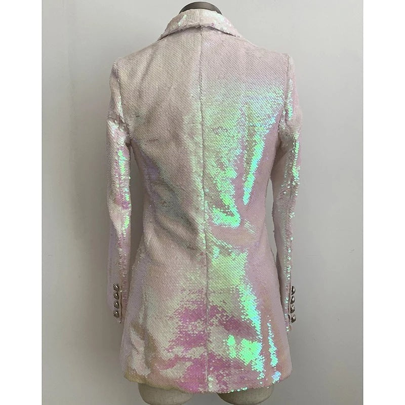 Ladies Sequin Double Breasted Long Suit Jacket High