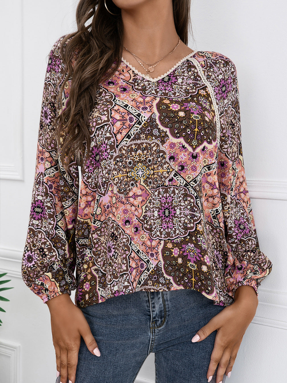 Loose Casual Lace V-neck Long-sleeved Printed Shirt