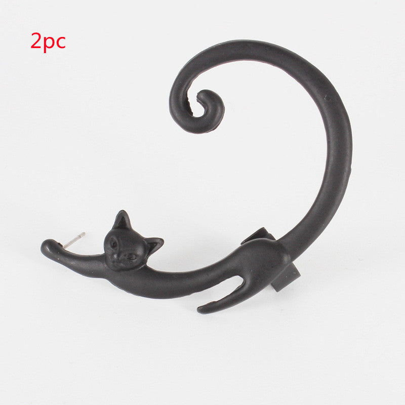 Single Piece Punk Style Cat Post Earring with Ear Cuff Rock Animal Black Stud Earring