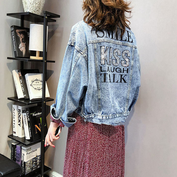 Bat-sleeve Lettering Sequins Embroidered Loose Denim Jacket