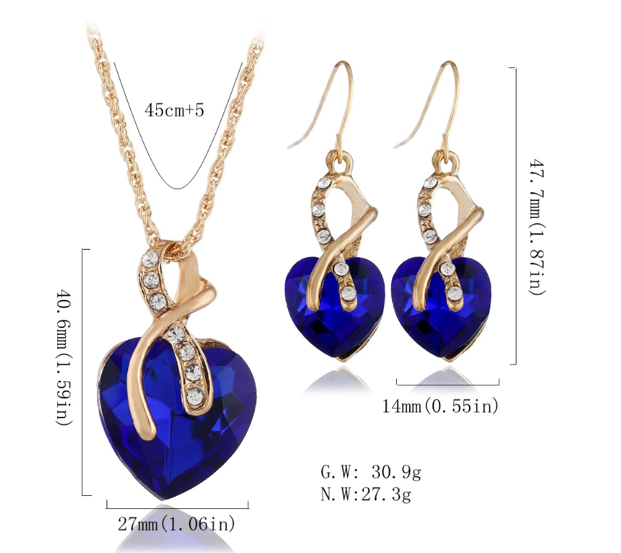 European and American fashion banquet ornaments Two-piece set of peach heart crystal diamonds Big red heart-shaped earrings necklace set