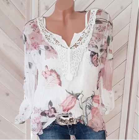 European And American Long-sleeved Printed Shirt V-neck Lace Chiffon Shirt