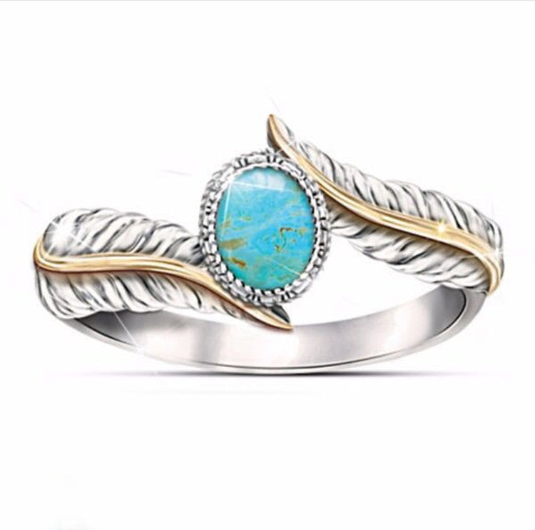 Zhen Rong wish hot selling new products, European and American extravagant inlaid Green Turquoise feather ring color ring party engagement ring