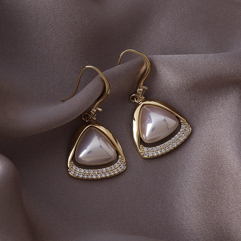 Sparkling Diamond Triangle Pearl Earrings