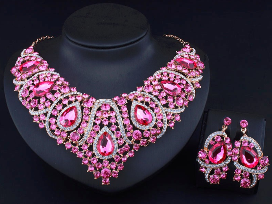 Crystal Rhinestone Necklace Earrings Set Chain African Bridal Jewelry SetStyle
