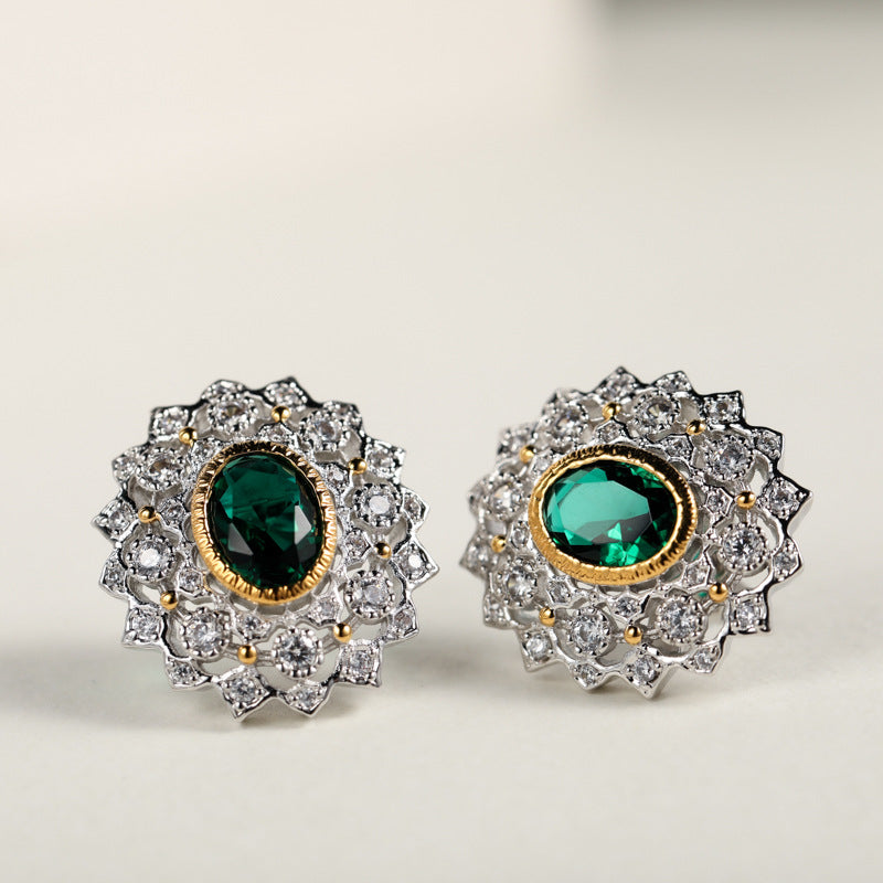 Craft retro hollow green zircon 925 Silver Earrings