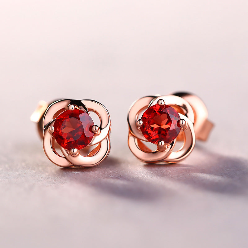 S925 Sterling Silver Earrings Female Natural Garnet Clover