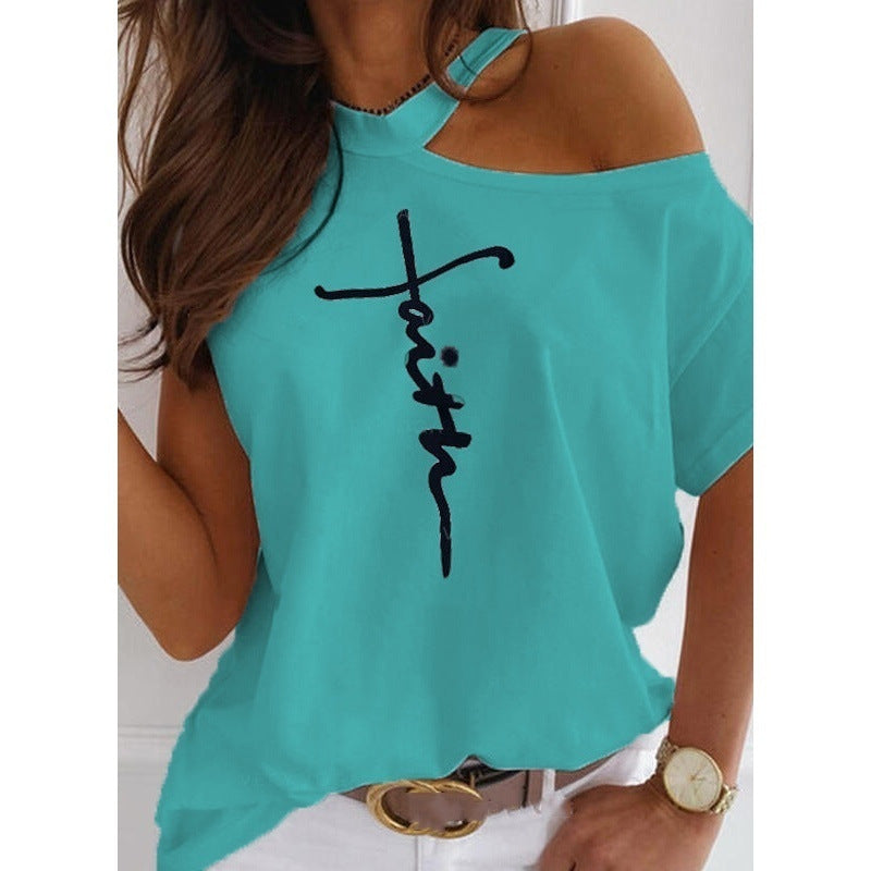 Letter print short sleeve off-shoulder T-shirt