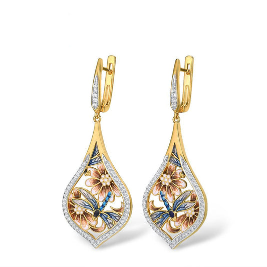 Playful Flower Dripping Craft Full Diamond Earrings