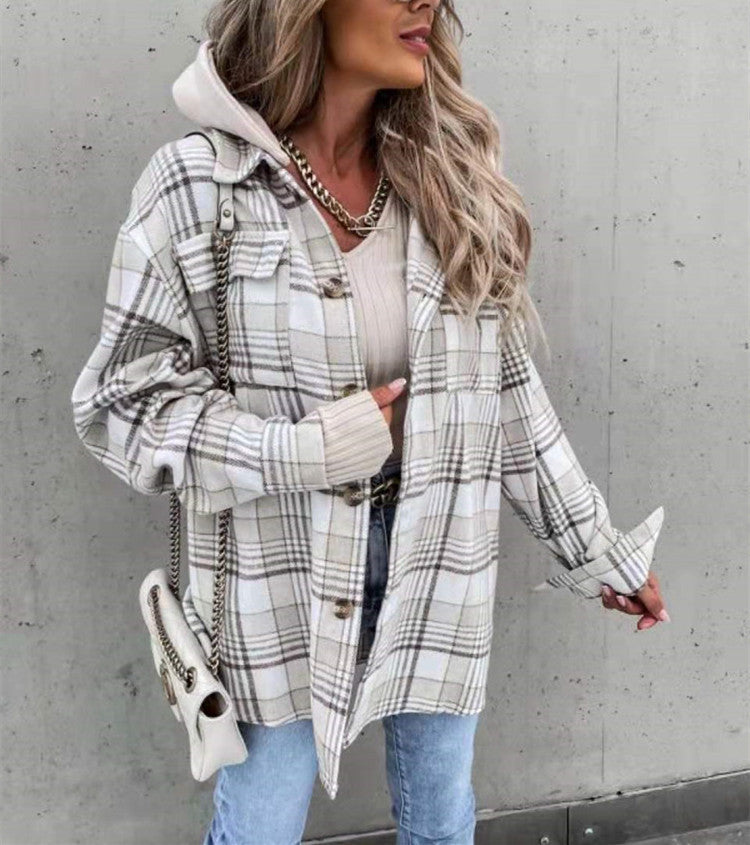 Fashion Lapel Hooded Loose Long Sleeve Women's Plaid Woolen Coat