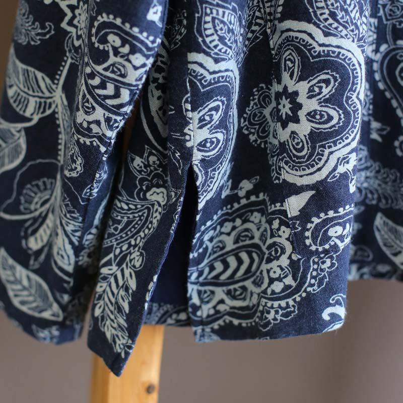 Cotton And Linen Jacket Women's Ethnic Blue Calico Cardigan