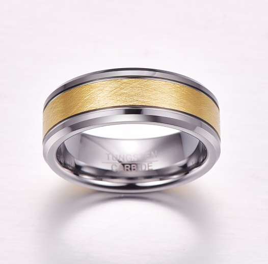 Men's 8mm Gold Color Brushed Center Two Grooves Tungsten Carbide Wedding Band Rings Beveled Edge