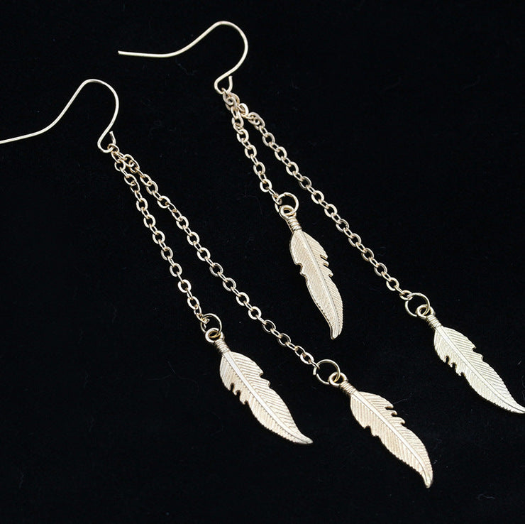 Tassel chain feather stud earrings