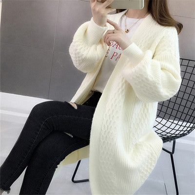 Mid Length Knit Cardigan Women's V-Neck Solid Color